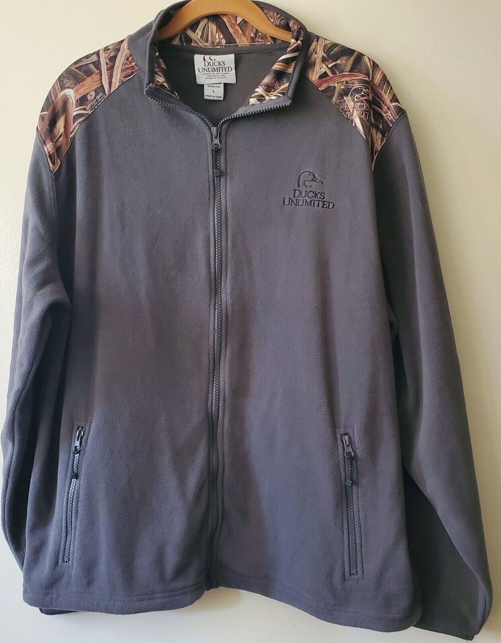 Ducks Unlimited Full Zip Gray Green Fleece Jacket Size L Mossy Oak Hunting